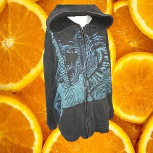Hybrid Men's Long Sleeve Guitar Printed Long Sleeve Full Zip Hooded Black Hoodie